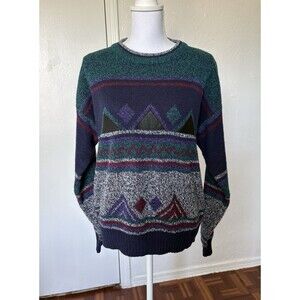 IMPACT Men’s Vintage 80’s Multicolor Geometric Leather Accents Sweater Size M